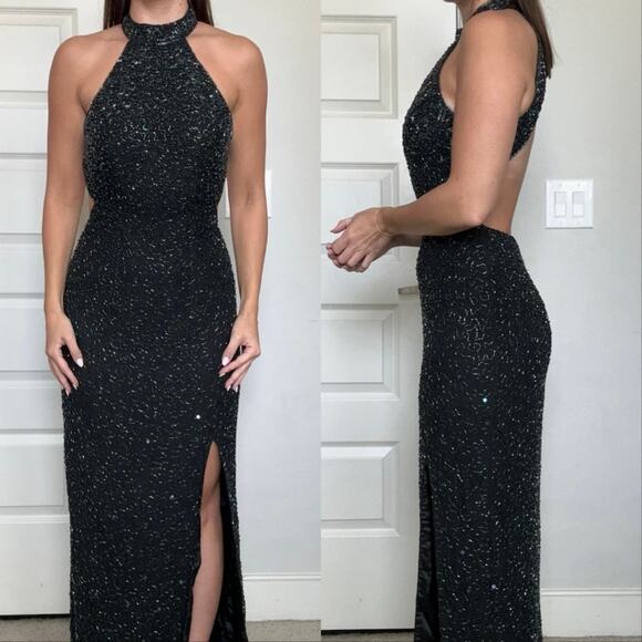 Cache Vintage Beaded Halter Maxi Dress Black - Picture 1 of 7